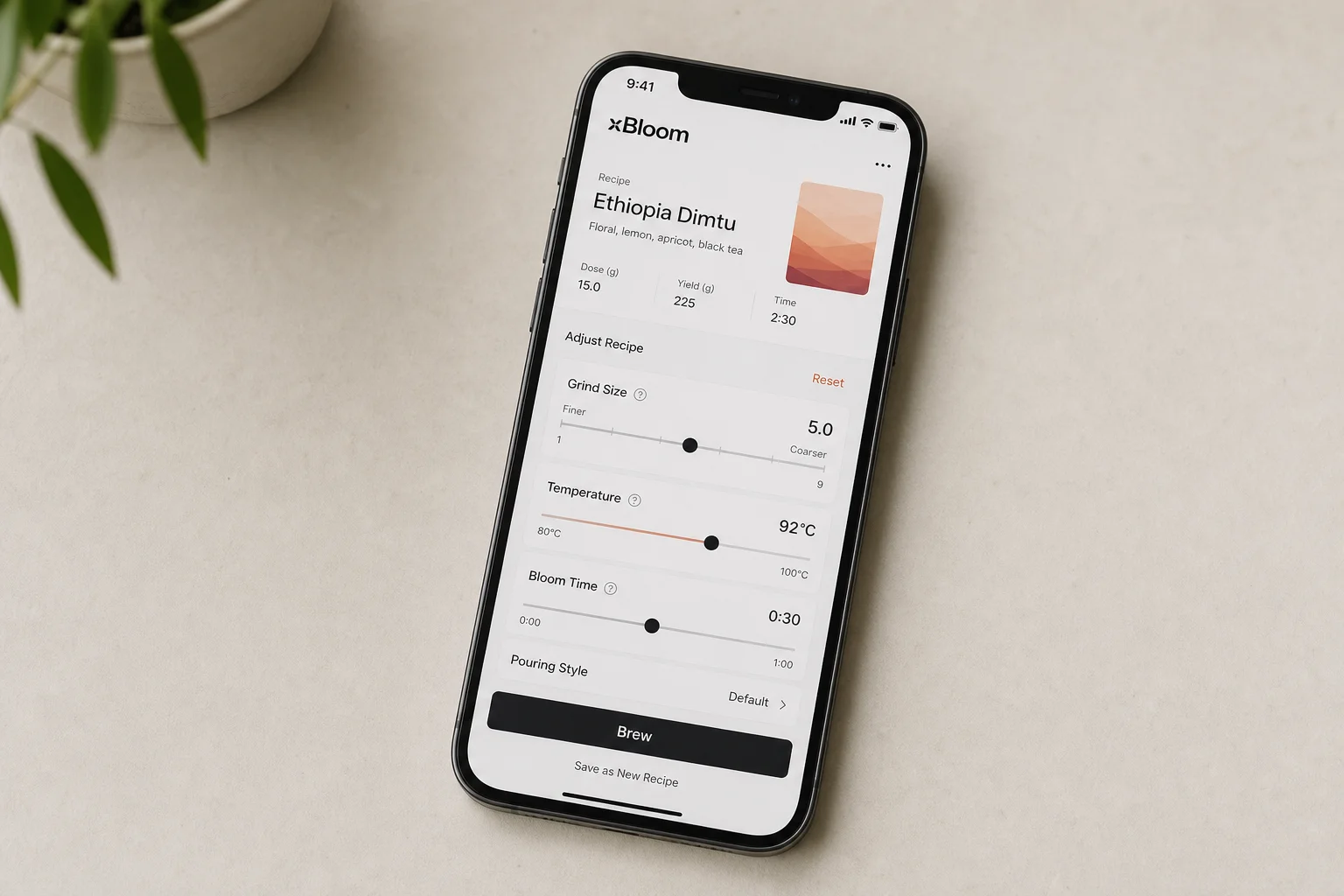 xBloom app interface displayed on smartphone showing recipe adjustment sliders