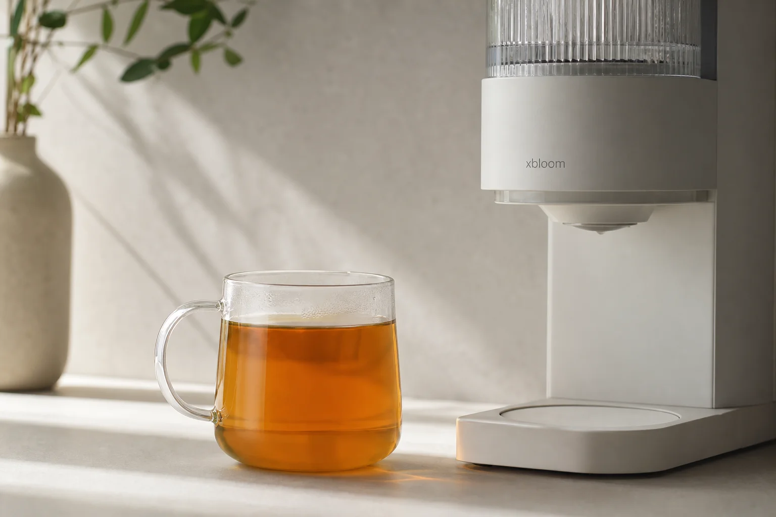 Finished cup of filter coffee next to xBloom machine on kitchen counter