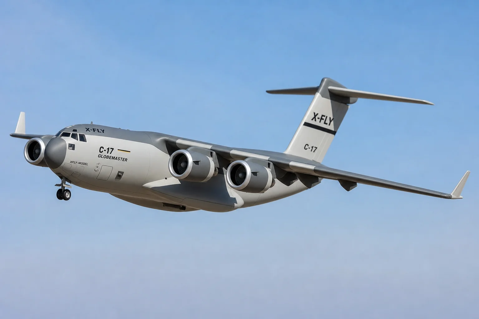 X-Fly C-17 Globemaster 遙控飛機飛行中，可見四具導風扇