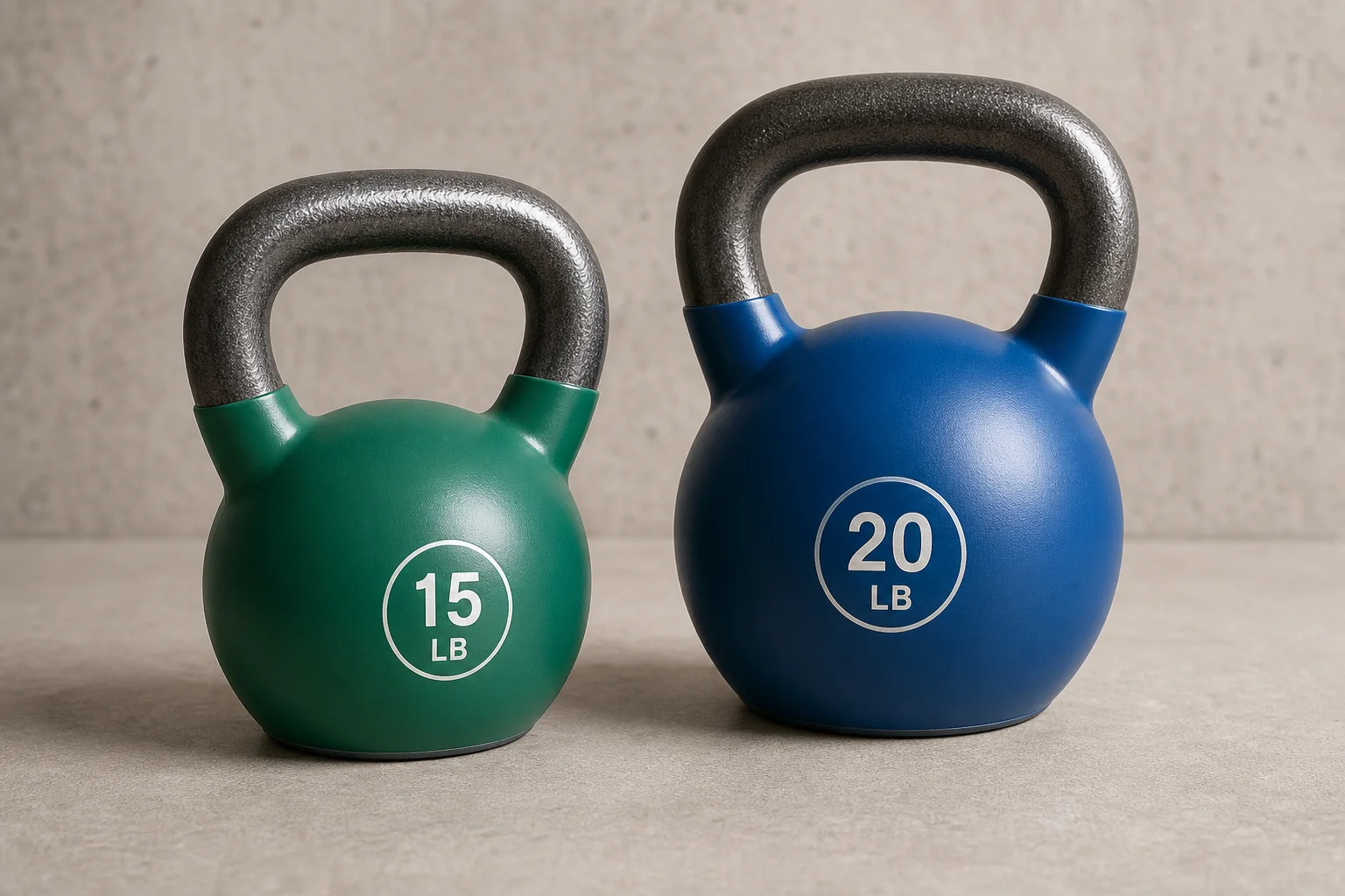 Five kettlebells of varying weights and finishes arranged on concrete surface