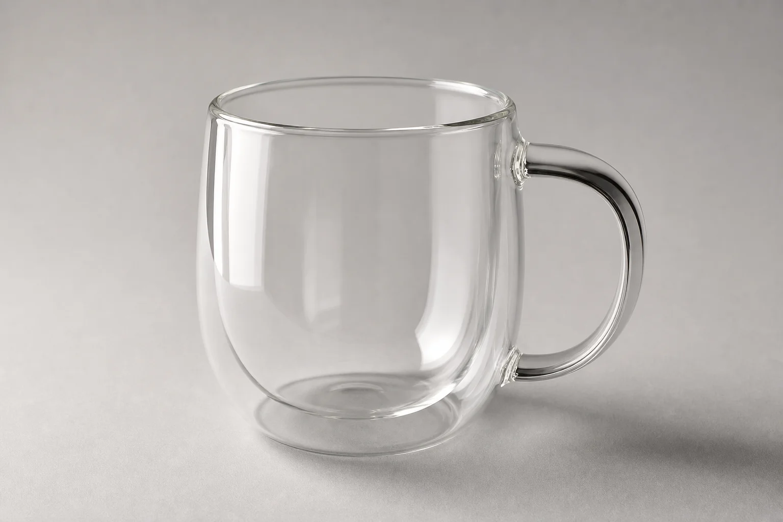 Four non-toxic coffee mugs in glass, ceramic, and stainless steel arranged on concrete
