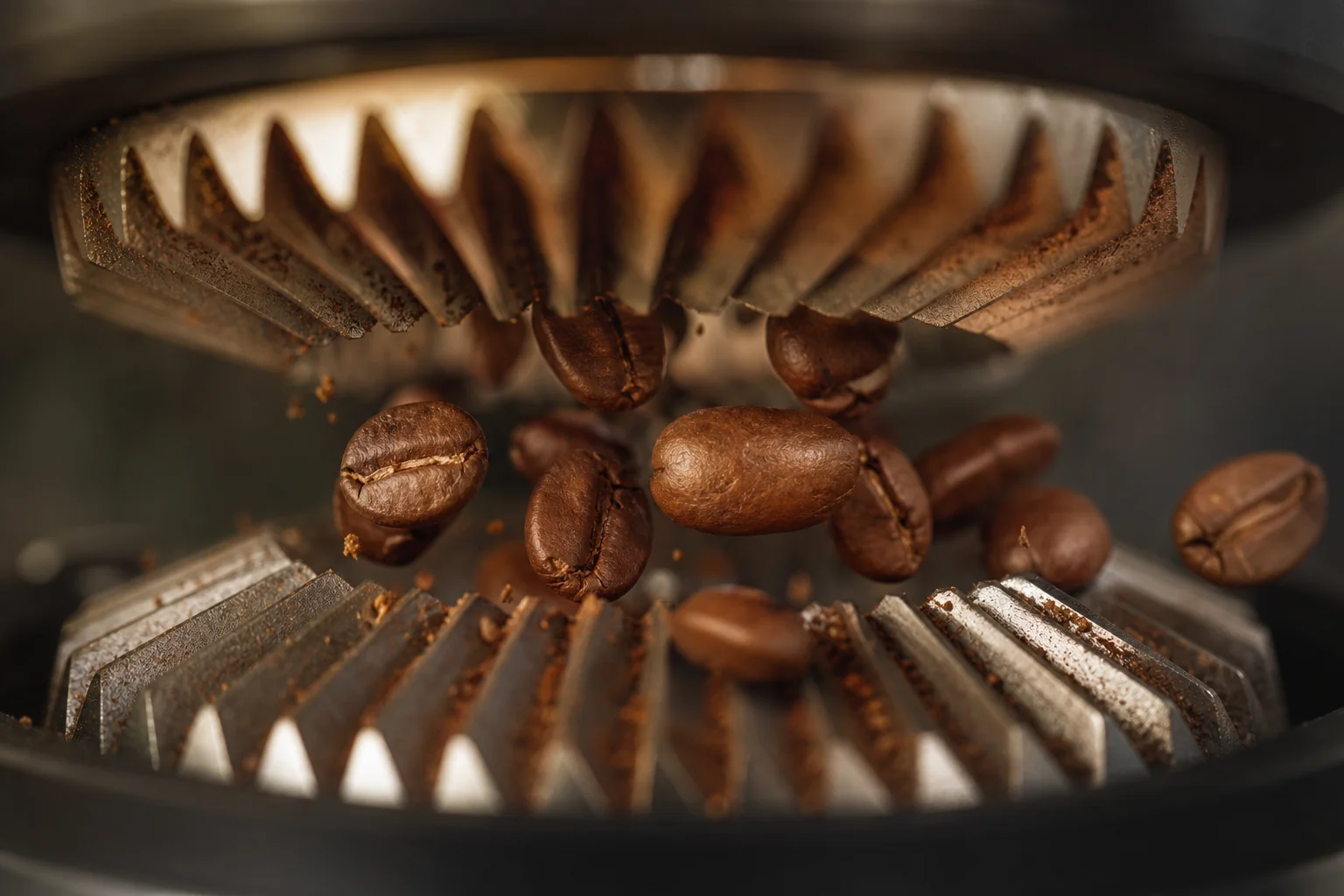 Close-up of coffee beans being ground through burr mechanism