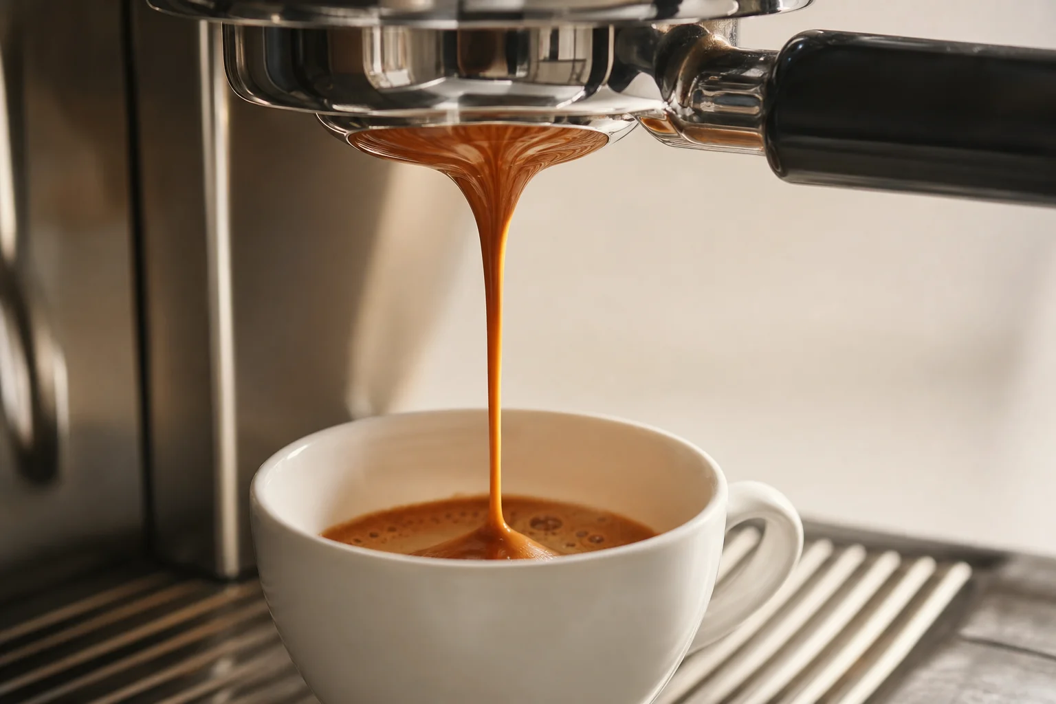Espresso shot pouring from portafilter into white ceramic cup
