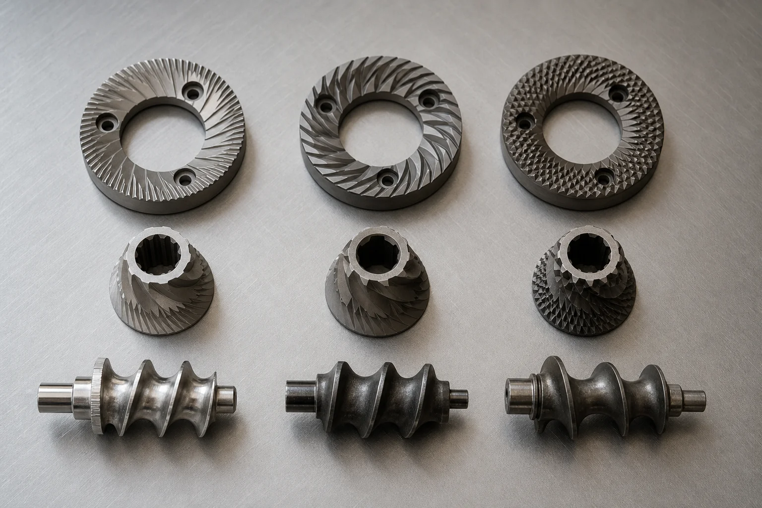 Three burr sets and three auger components laid out on metal surface