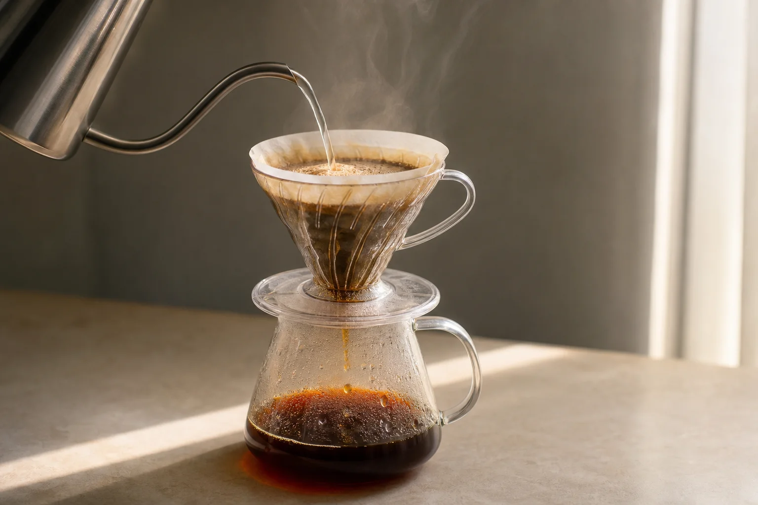 Filter coffee brewing in V60 dripper with visible grounds and water