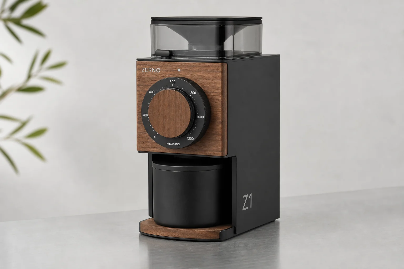 Zerno Z1 grinder with wood accents and micron dial on brushed metal surface
