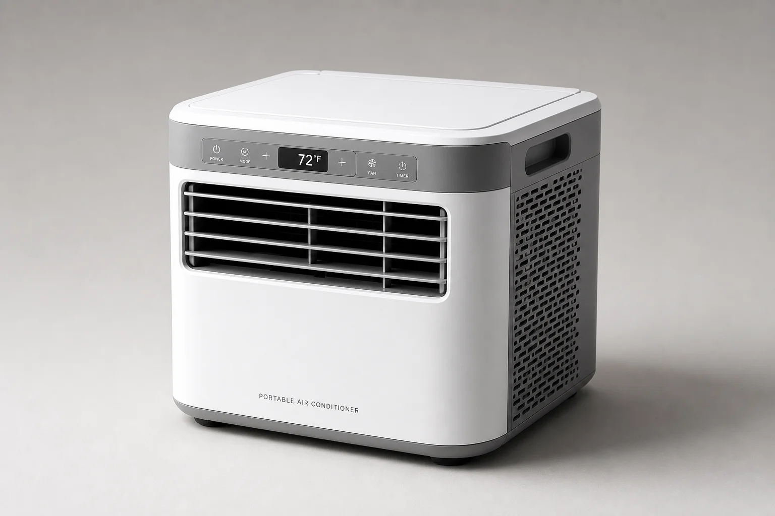Six portable air conditioning units arranged on neutral backdrop
