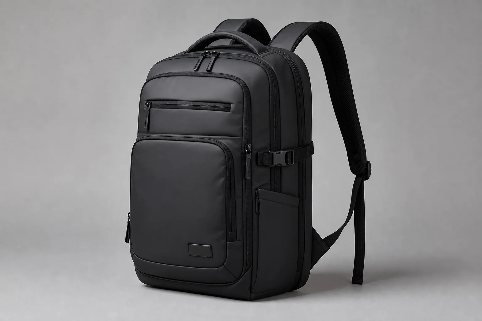 Five backpacks in different styles and colors arranged on concrete surface
