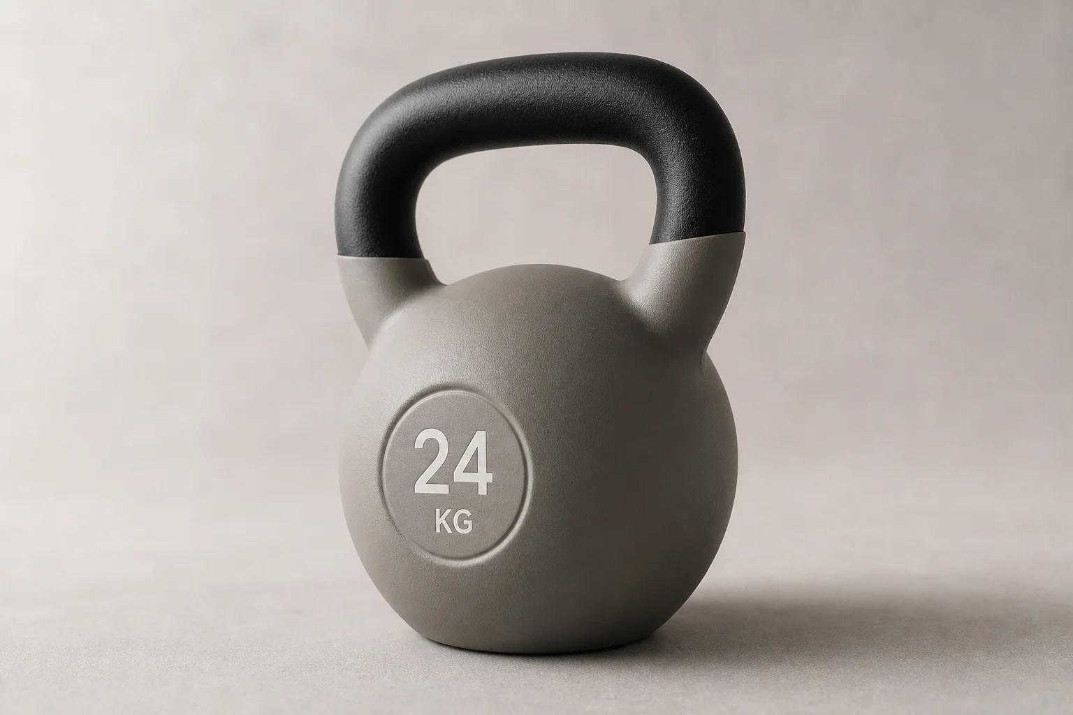 Five kettlebells of varying weights and finishes arranged on concrete surface