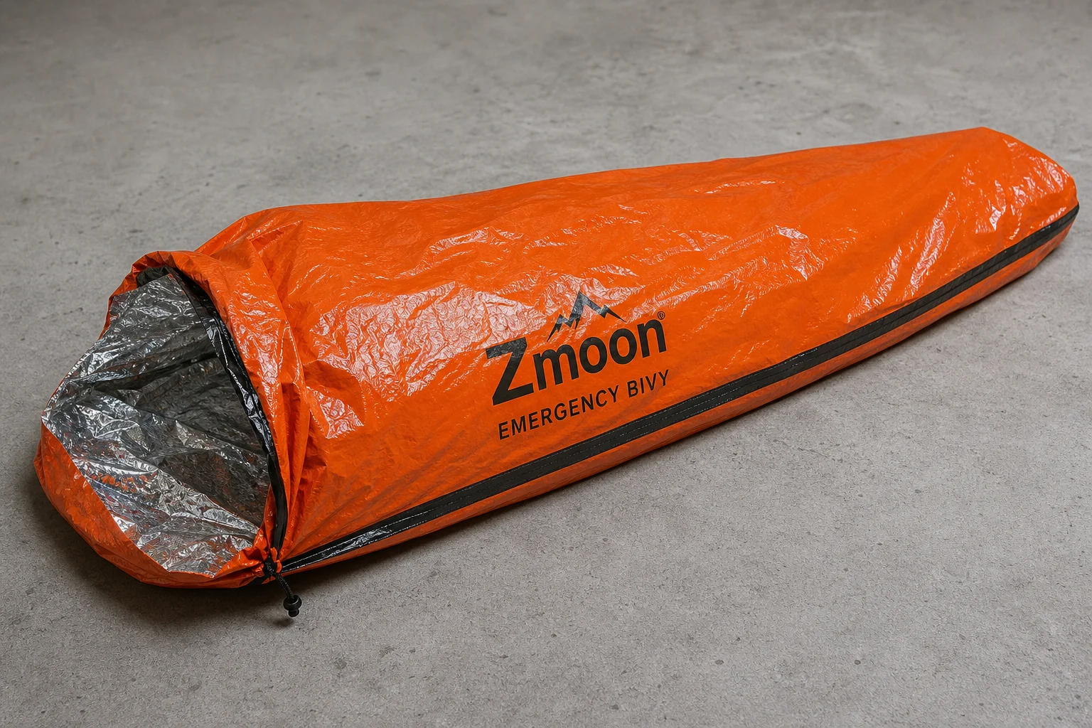 Five emergency sleeping bivys in different colors arranged on concrete surface