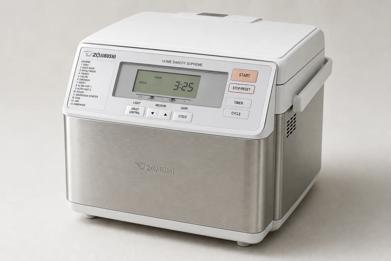 Four Zojirushi bread maker models arranged on a wooden countertop