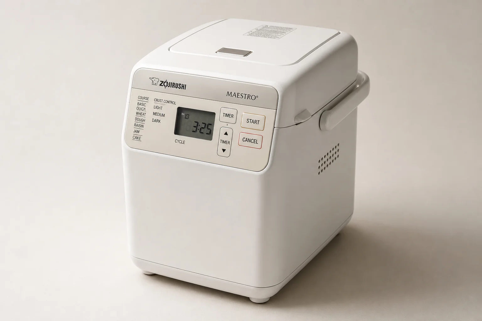 Four Zojirushi bread maker models arranged on a wooden countertop