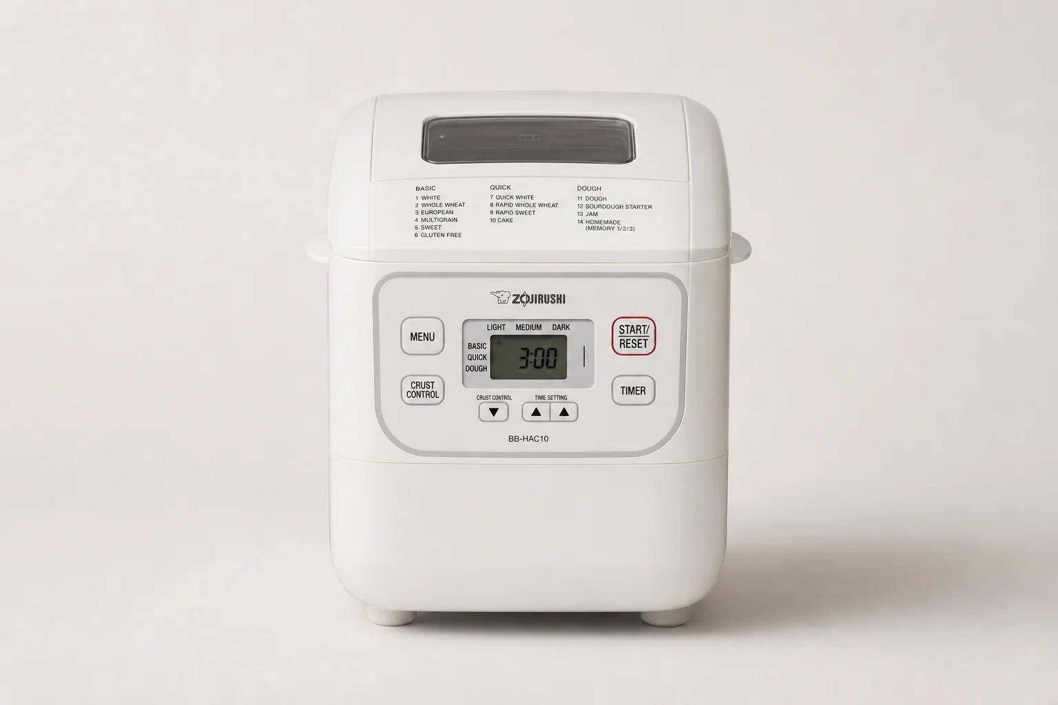 Four Zojirushi bread maker models arranged on a wooden countertop