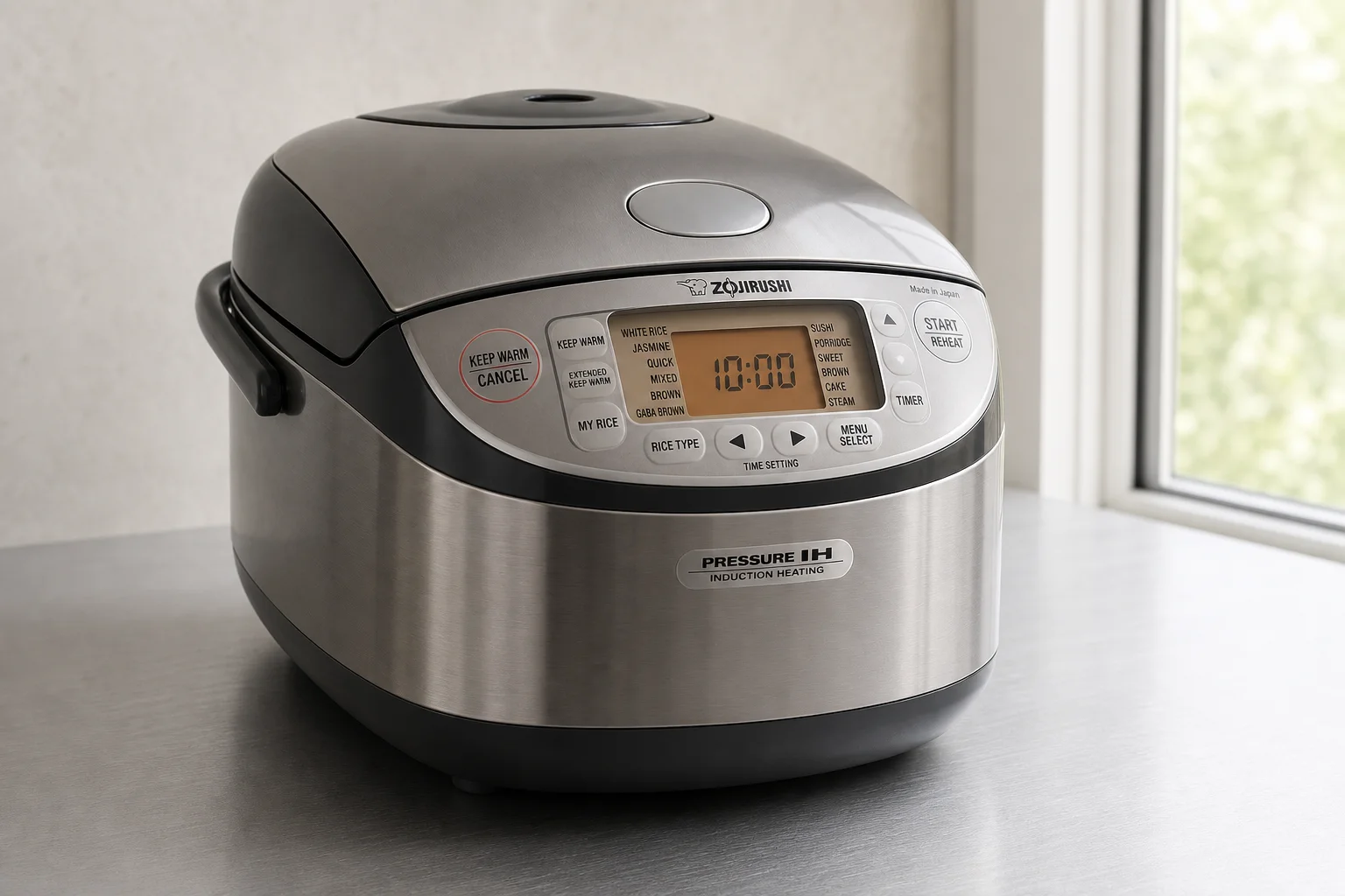 五台 Zojirushi 電子鍋依尺寸排列在水泥表面上