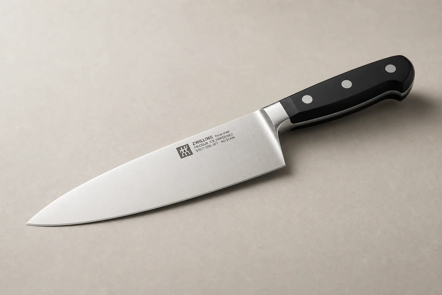 Collection of eight chef's knives arranged diagonally on concrete surface showing various styles and price points