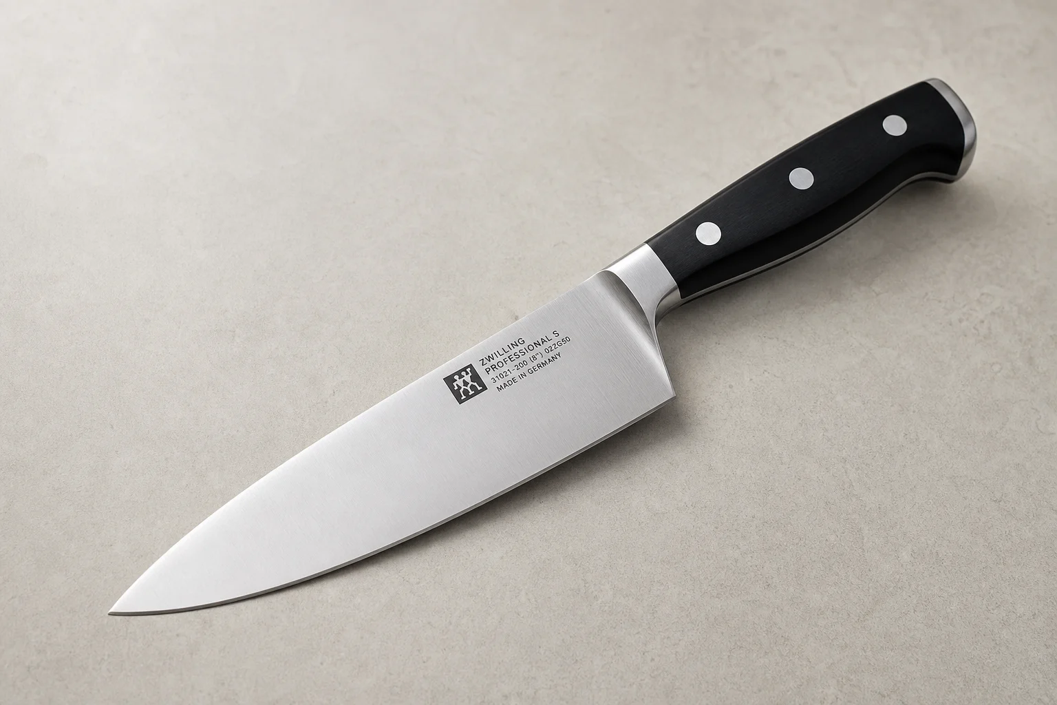 Collection of eight chef's knives arranged diagonally on concrete surface showing various styles and price points